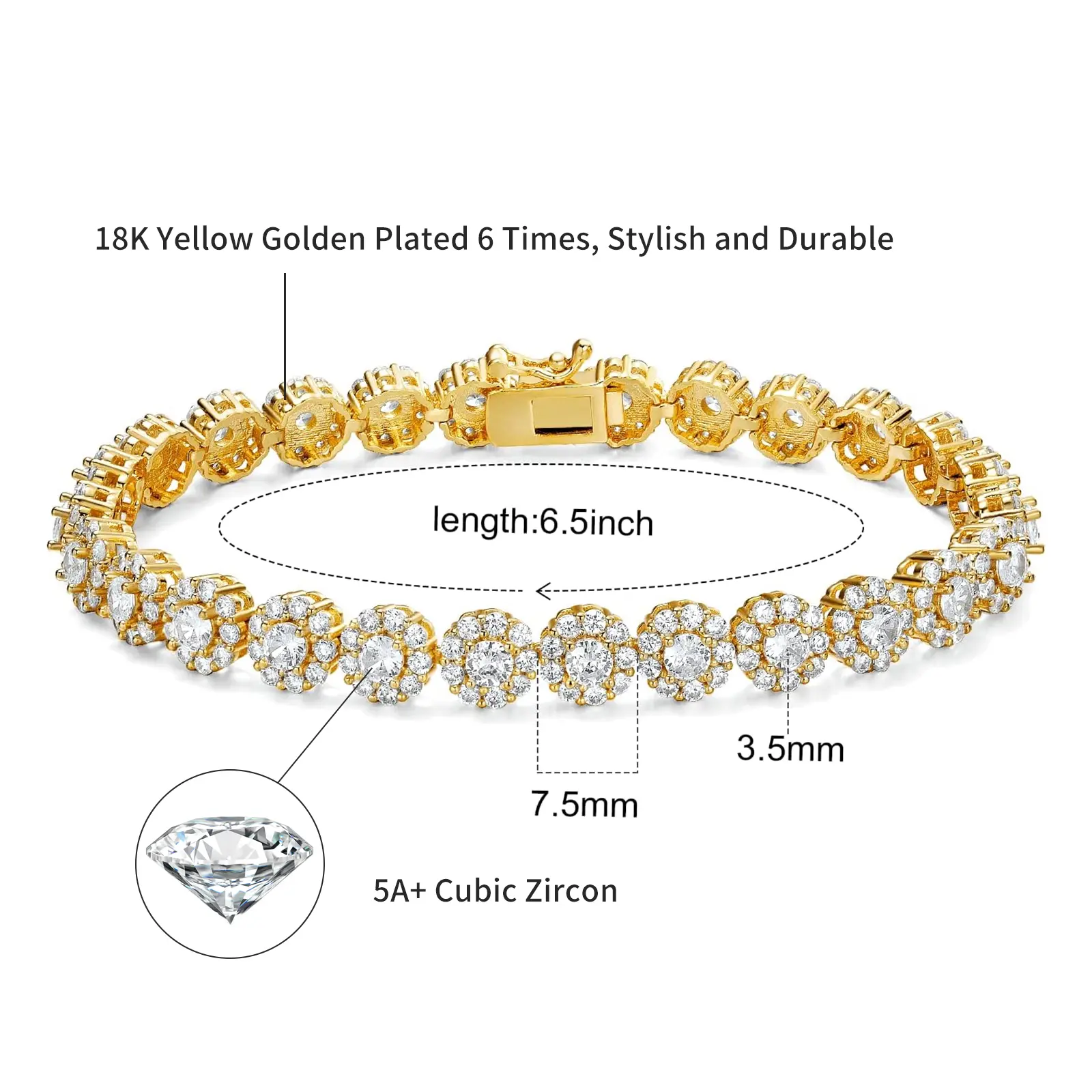 Gemsme 3.5MM Tennis Bracelet men for Women Row 18K Yellow Gold/White Gold Plated Round Cubic Zirconia Bracelets 6.5-8.5 inch ATS61501-W
