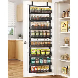 8 Tiers Over the Door Organizer - Height Adjustable Pantry Organizers and Storage with Dense Mesh Baskets, Anti-Swing Hanging Door Spice Rack for Kitchen Bathroom (Black, 17" W x 6" D x 69" H)