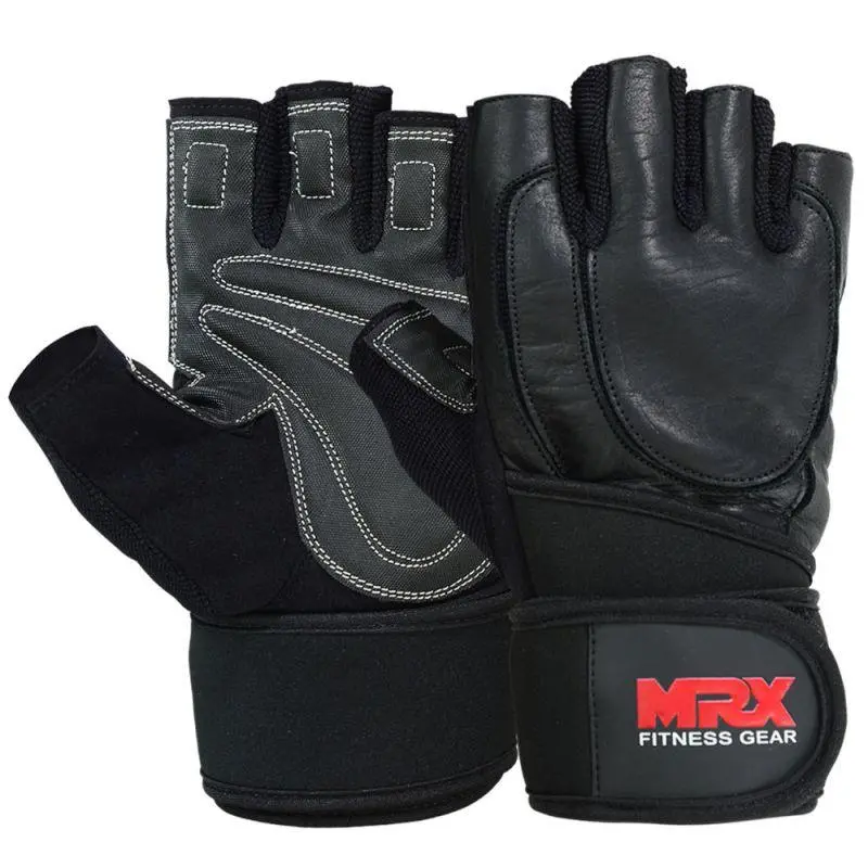 MRX Leather Weight Lifting Gloves with Long Wrist Straps, Wrist-Wrapping Anti-Injury Reinforced Sports Gloves for Gym Training, All Sizes, Black, Wrist-Wrapping Sports Gloves
