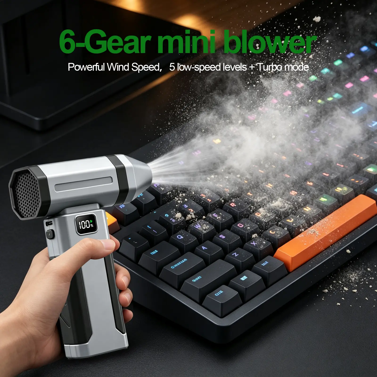 Handheld Electric Air Duster, Compressed Air Blower Gun, Adjustable 6 Gears, Rechargeable Cordless, Mini Turbo Jet Fan,Wireless Airflow Tool Accessory for Keyboard, PC, Car, Home & Outdoor Cleaning Powerful Portable