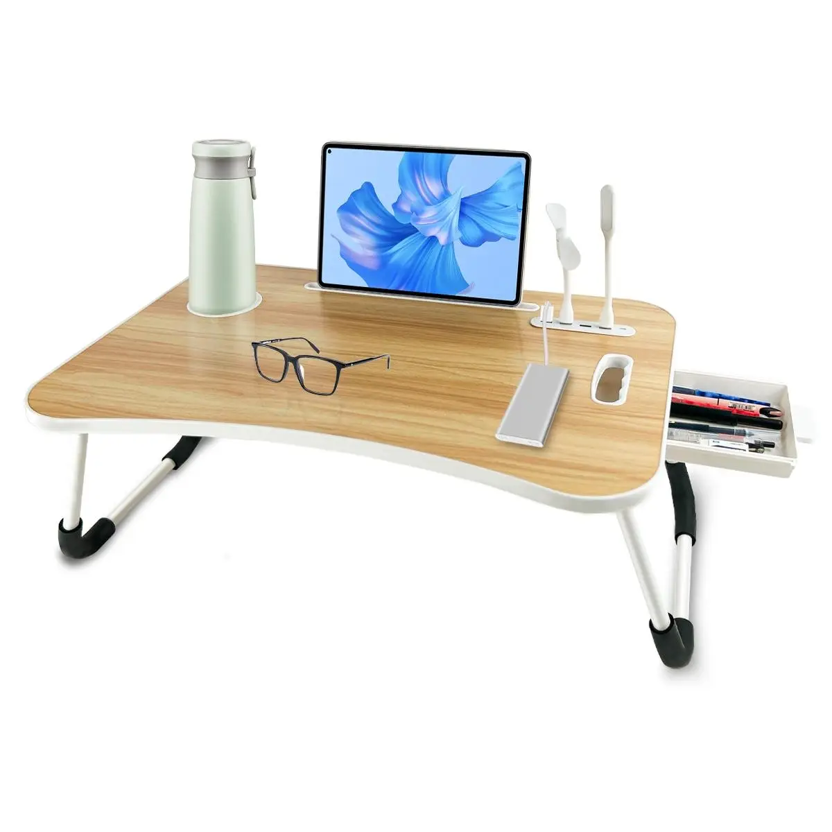 Laptop Bed Desk, Portable Foldable Laptop Table, Lap Desk Tray Table with 4 USB Ports, Storage Drawer and Cup Holder, for Bed/Couch Working, Reading