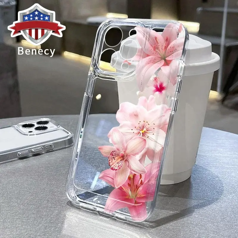 Blush Floral Symphony TPU Pattern Phone Case for iPhone 17 15 16 14 Pro Max 13 12 11 XR XS Plus Non-Yellowing Clear Crystal Drop-proof Protection Slim Silicone Cover Cellphone Protective Smartphone Casing