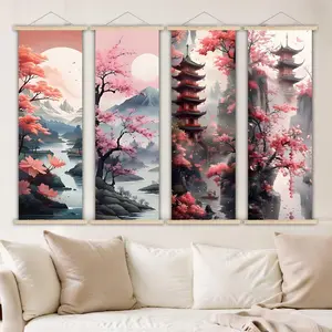 Classic Cherry Blossom Landscape Canvas Wall Art Set - Vintage Japanese Pagoda & Nature Scenery, Cherry Blossom Pattern, Waterproof Fabric Hanging Scrolls for Home, Office, Living Room Decor, Unique Housewarming Gift