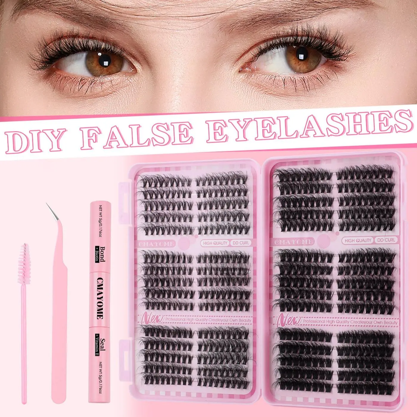 520PCS DIY False Eyelashes Kit, CMAYOME Individual Cluster Lashes with Bond & Seal Glue, Tweezers & Brush, Natural/Voluminous DD Curl Lash Extensions for Home Use & Salon, Cruelty-Free