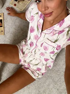 Spring Summer Women's Sleepwear Set, Open Front Lapel Short Sleeve Shorts Two-Piece, Tulip Full Print, Breathable Skin-Friendly Home Wear