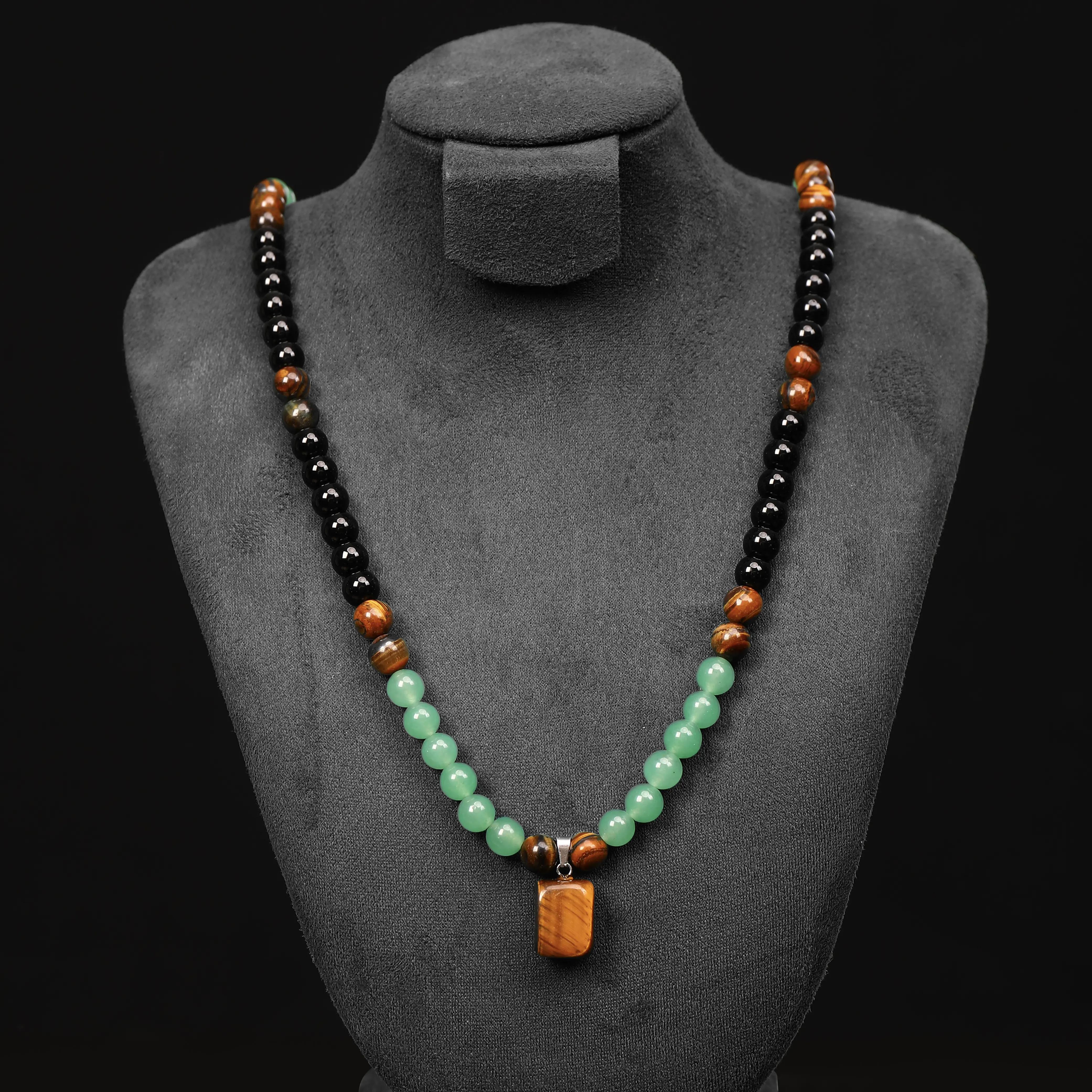 Unisex Money Attraction Aventurine Necklace - Green Aventurine & Tiger Eye Pendant Design, Beaded Look with Smooth Glossy Beads, Long Sweater Chain, Ideal Gift for Anniversary, Vacation Jewelry, Aventurine Necklaces