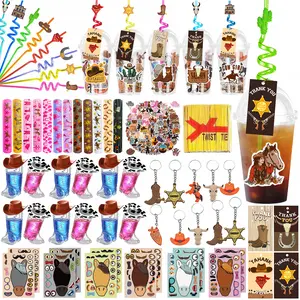 147Pcs Western Cowboy Party Favors Supplies, Cowboy Birthday Party Bags with Straws Cups Gift Tags, Cowboy Boot Shot Glasses Mini Cowboy Hats Rodeo Slap Bracelet