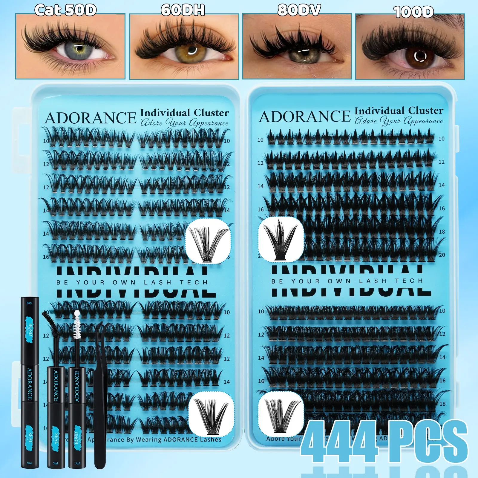 ADORANCE 444PCS Lash Clusters 4 Style Wispy Lashes, Cat 50D+60DH+80DV+100D Beginner Friendly Eyelash Clusters Kit with Lash Bond, Seal & Tweezers, Natural Look Cluster Lashes for Everyday Makeup, Travel & Special Occasions