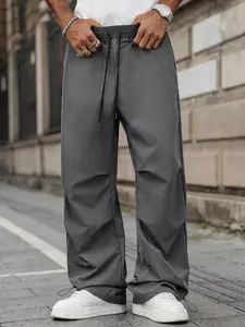 Men's Gray Wide-Leg Parachute Pants with Elastic Waistband & Drawstring Loose Fit Streetwear Trousers Adjustable Cuffs Casual Daily Wear - Menswear
