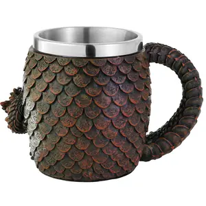 Unique Vintage Dragon Game Mug of Thrones Gifts 14OZ Medieval Dragon Egg Funny Resin Embossed Coffee Mug Gift Stainless Beer Steins Viking Heavy Duty Cup Novelty Gothic D&D Gift Dragon Lovers Themed Party Decoration Pretty Cute Coffeemugs Collection