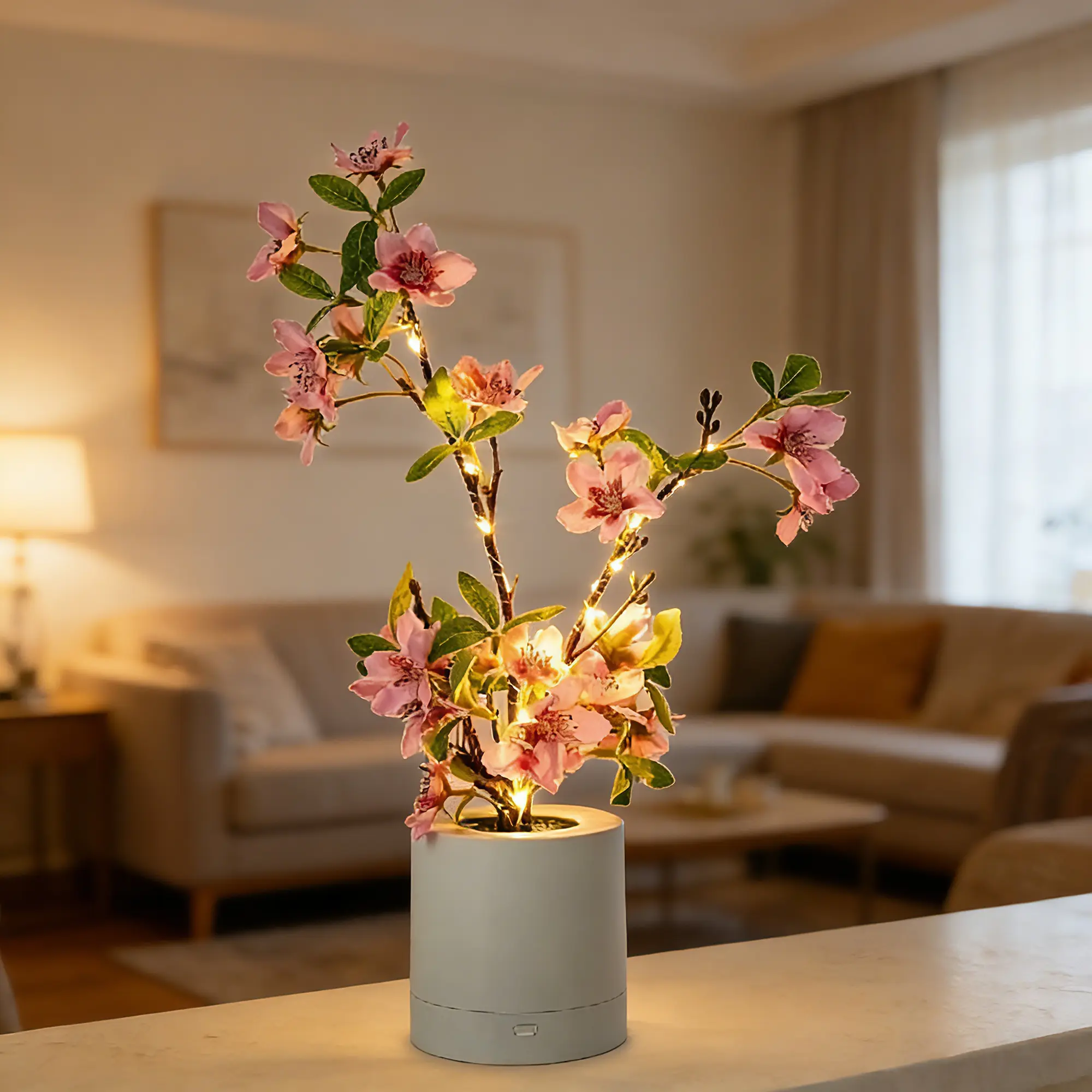 Minimalist Oval Blush Pink Artificial Cherry Blossom LED Pot Light - Neutral Mood Lighting, Indoor-Outdoor Centerpiece, Long-Lasting Children's Day Gift for Bedroom Toilet Home Decor, Childrens Day, Office