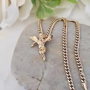 14k Heavy Plated Gold Baby Angel Necklace with 4mm Curb Chain