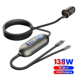 New 6-in-1 Car Charger Super Fast Charging 1.5m Extended Cable Car Expansion Dock Charger For iPhone Huawei