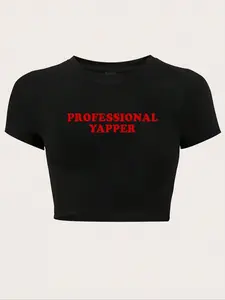 Women's Letter Print Round Neck Crop Tee,Professional Yapper Crop Top Funny Graphic Tee Women Trendy Y2K Shirt Viral Streetwear Crop Tee Cute Summer Outfit oversizedshirt
