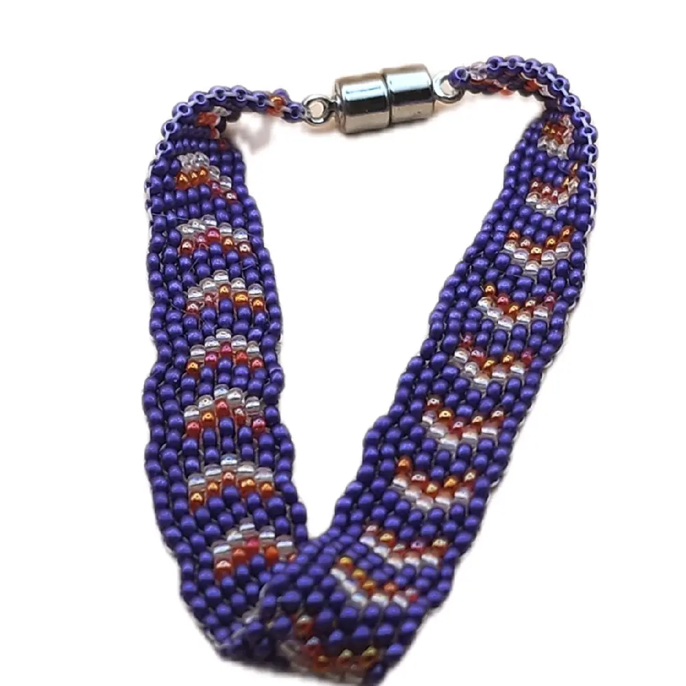 EotEA Purple Peyote Stitch Beadwork Bracelet with Chevron Design and Magnetic Clasp