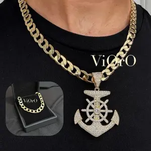 ViOrO 14K Gold Plated 10mm Cuban Link Chain with Bracelet and Zircon Anchor Pendant for Dairy Use. Electro Laminated Premium Jewelry