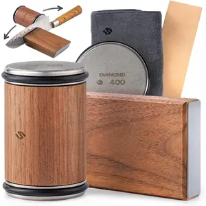 Roller  Sharpener Kit -  Rolling  Sharpener with  Wheels,  Angle Guide 15? & 20?, Wooden , Leather Strop