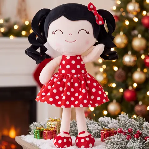 Gloveleya Plush Doll for Girls, Soft Baby Girl Dolls with Curly Hair in Retro Polka Dot Dress, Cute Stuffed Cuddle Doll Toy, Perfect Birthday & Christmas Gift for Toddlers Ages 0-6, Adorable Nursery & Preschool Playtime Companion, 12 Inch