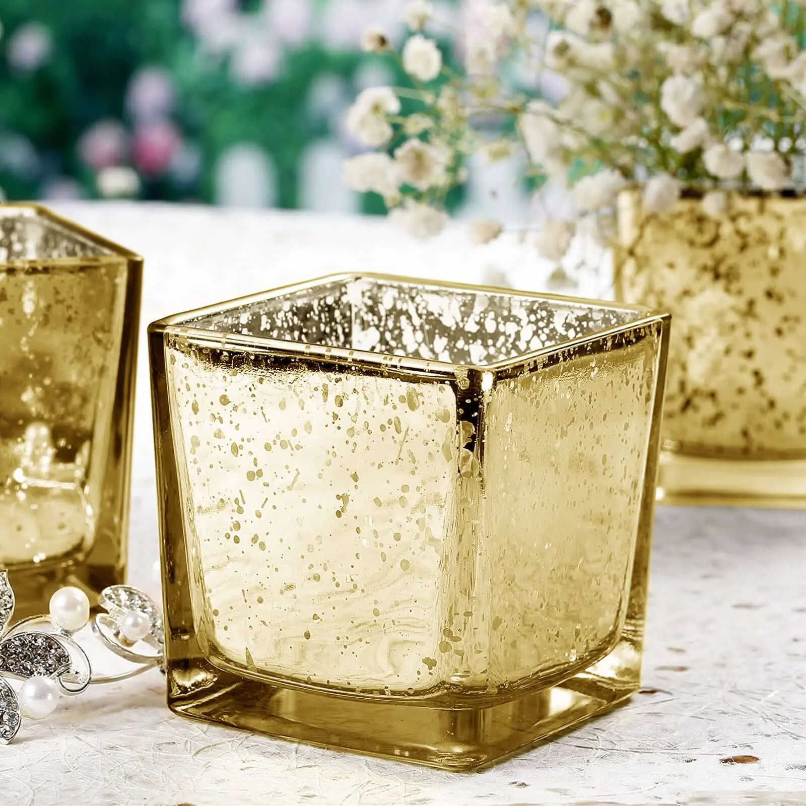 12-Pack Gold Glittered Mercury Glass Square Candle Holders (2" in Size) - Decorated Tea Light Votive Holders for Home Decor, Churches, Restaurants