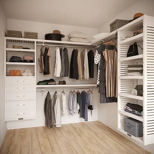 8' x 6' Solid Wood L Shaped Walk-in Closet Organizer with 5 Shaker Drawers
