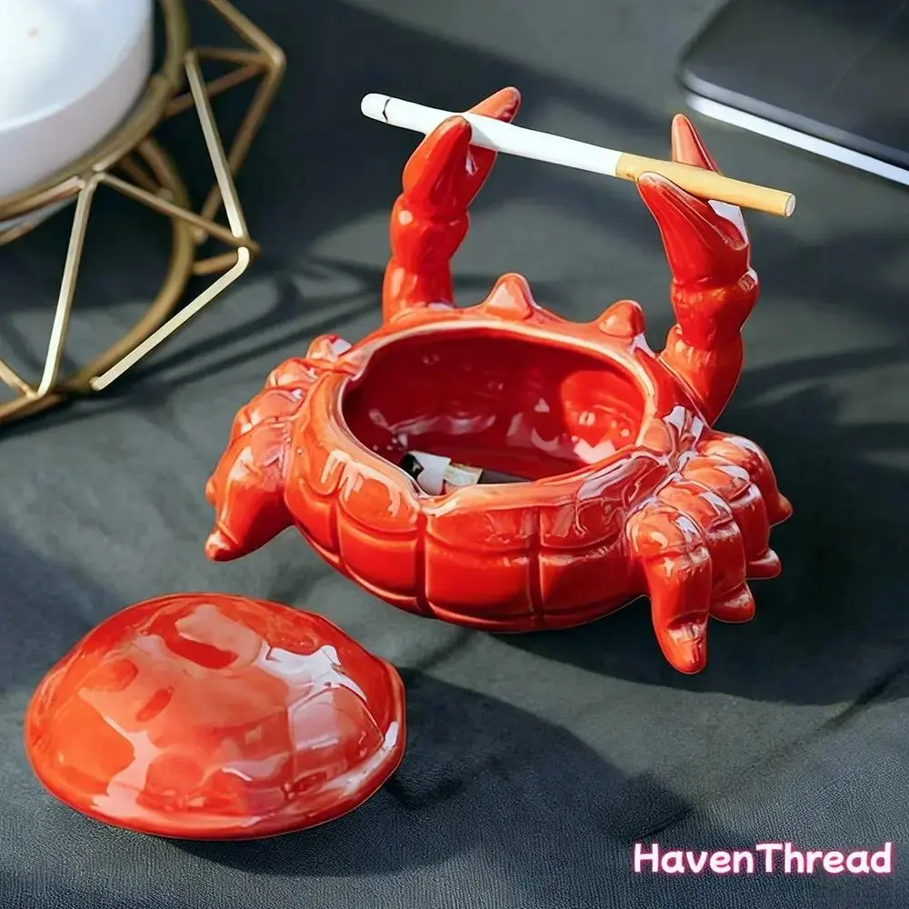 HavenThread Whimsical Crab-Shaped Ceramic Ashtray with Lid, Windproof Home Supplies, Desk Cigarette Rest Grooves, Decor Ornaments Room Decor Figurine, Birthday Gift for Mom Dad Smokers, Partner