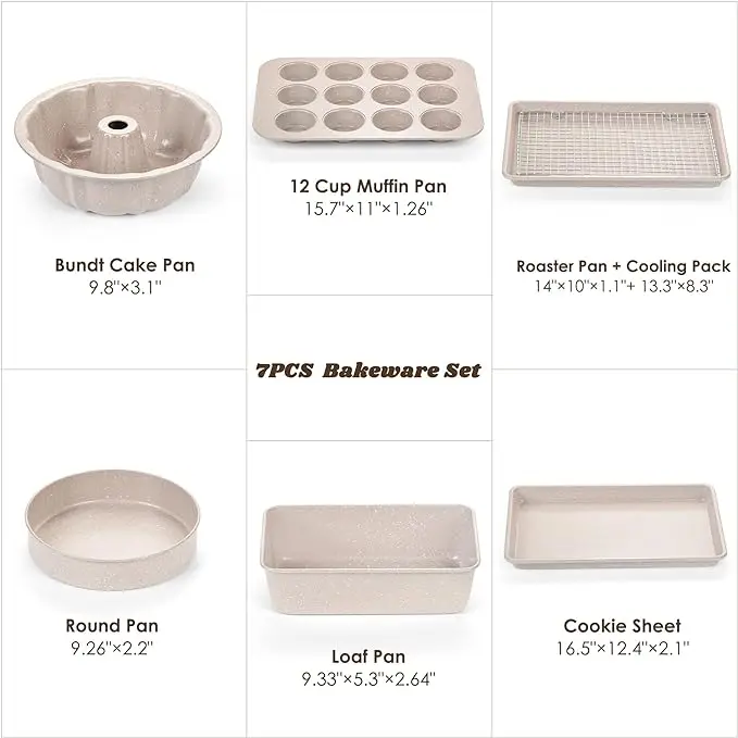 Caannasweis 7Pcs Nonstick Bakeware Set with Cookie Sheet, Cake Pan, Loaf Pan, Muffin Pan, Roaster, Cooling Rack, PTFE & PFOA Free Baking Supplies Cup Birthday