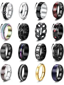 16Pcs Stainless Steel Fidget Rings for Men Women Stress Anxiety Relief Rings Black Cool Chain Band Spinner Rings Set for Wedding Promise Mens Rings Pack Statement Rings