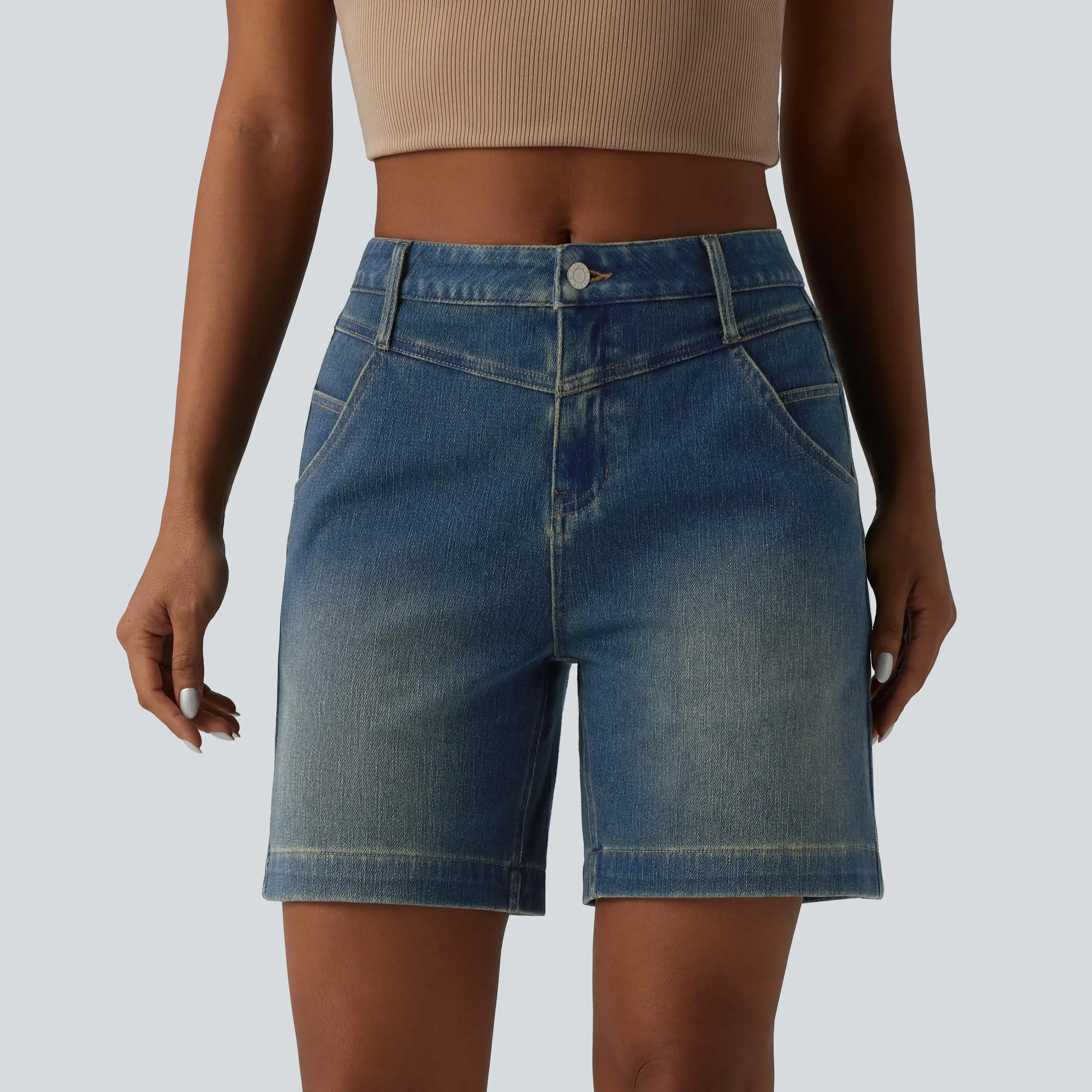 Halara Flex Mid Rise Rolled Hem Washed Denim Casual Baggy Shorts with Pockets