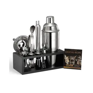 VEVOR 13-Piece Stainless Steel Metal Cocktail Shaker Tool Set with Bamboo Stand, Bartender Utensils Including Mixer Spoon, Muddler, Jigger, Strainer, Liquor Pourers, Ice Tong, Corkscrew, Silver