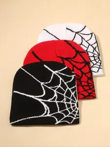 Gothic Spider Web Jacquard Beanie Set, Unisex Y2K Knit Warm Hip Hop Skull Cap, Trendy Hat, Fall & Winter Casual Slim-Fitting Elastic Hats