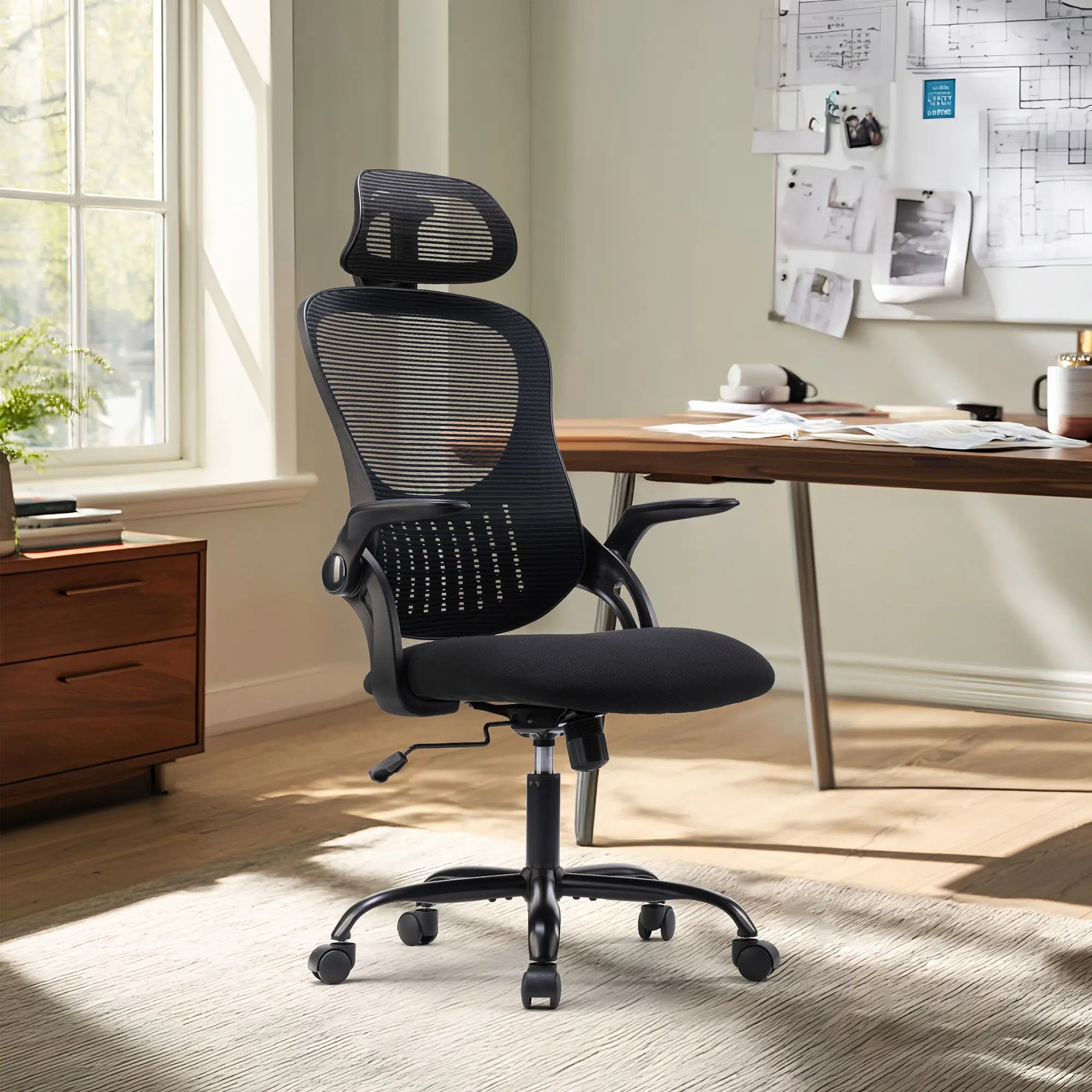 Ergonomic High-Back Mesh Office Chair - Office Chairs, Mesh Material, Modern Design, Rolling Wheels, Adjustable Headrest, Lumbar Support, Flip-Up Arms for Home, Bedroom, Ergonomic Chair