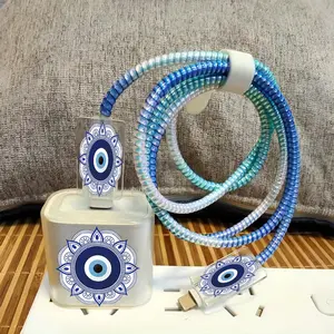 5pcs Set Blue Eye, Amulet Charger Protective Case, Cartoon New Laser Wrapped Rope Anti-Damage Boyfriend/Girlfriend Gift 20W Fast Charging Head and 18W Data Cable Protective Cover , Charger Protector/case/cable Protector/cover, Charging Protection