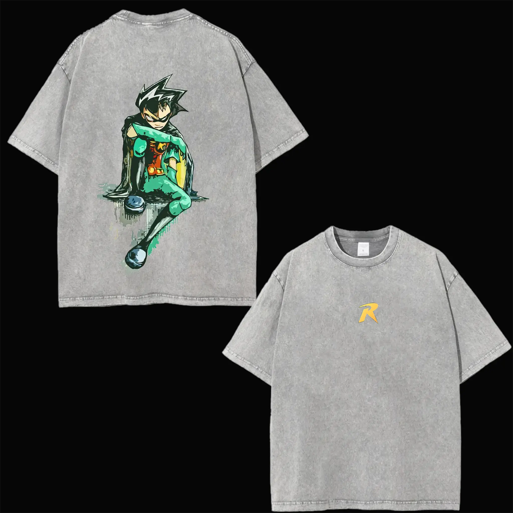 Men's Retro Robin Teen Titans Superhero Comic Vintage Double-Printed Short-Sleeve Cotton Baggy Oversize Acid-Washed Graphic T-Shirt - Lightweight Soft Top, Mens Superhero Enthusiasts Gifts, Medium Length, Unisex Sizes, Check Size Chart