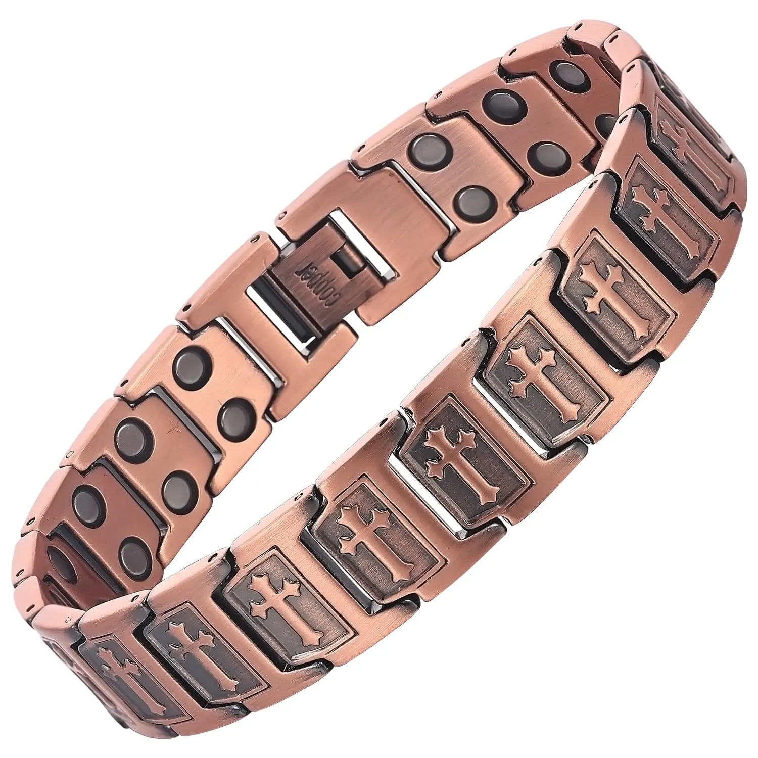 Nandudu Men’s Copper Magnetic Cross Bracelet - Adjustable Link Bangle, Minimalist Faith Jewelry Gift, Artificial Gemstone Accessory