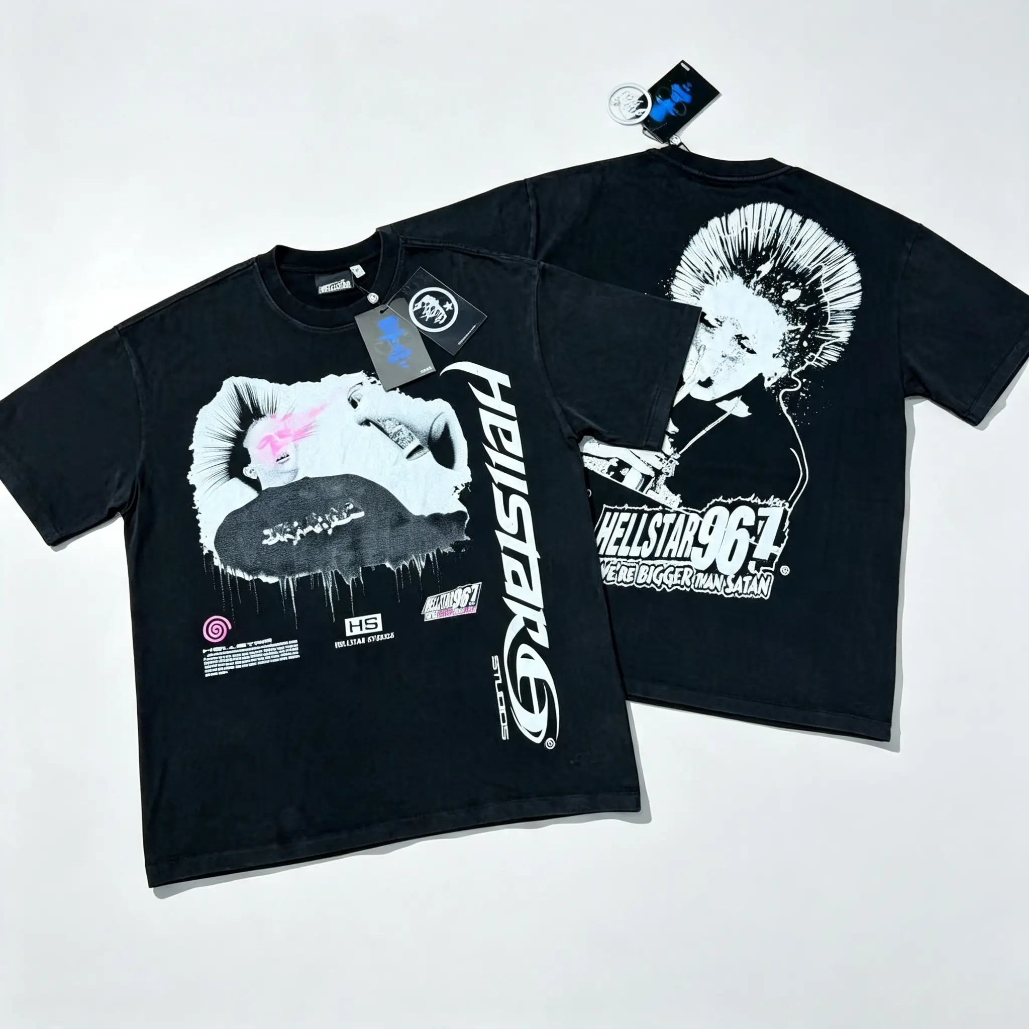 Y2K HELLSTAR 100% Cotton Certified Pink Smoke Graphic Tee Punk Figure Portrait Washed Black Standard Fit Shirt