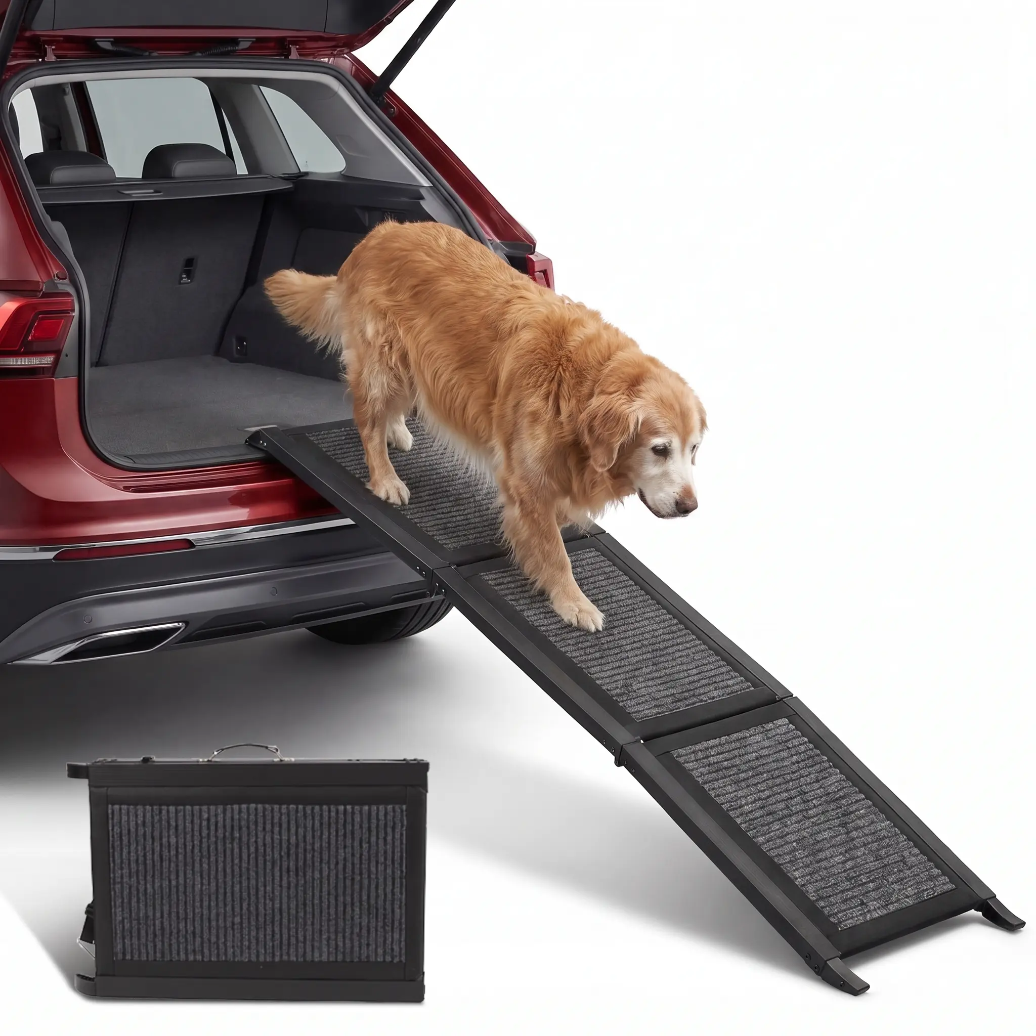 Non-Slip 3-Fold Dog Ramp for SUV, 60" Tri-Fold Pet Ramp with Suede Grip Surface & Safety Buckle, 200lbs Heavy Duty Folding Ramp for Large Small Senior Short-Legged Dogs, Compact Storage Ready