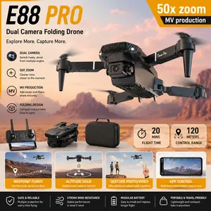 E88 Pro Dual Camera Folding Drone for Adults and Beginners, HD FPV RC Quadcopter with 50x Zoom, MV Production, Trajectory Flight, Headless Mode, Smart Obstacle Avoidance Toy Drone Gifts
