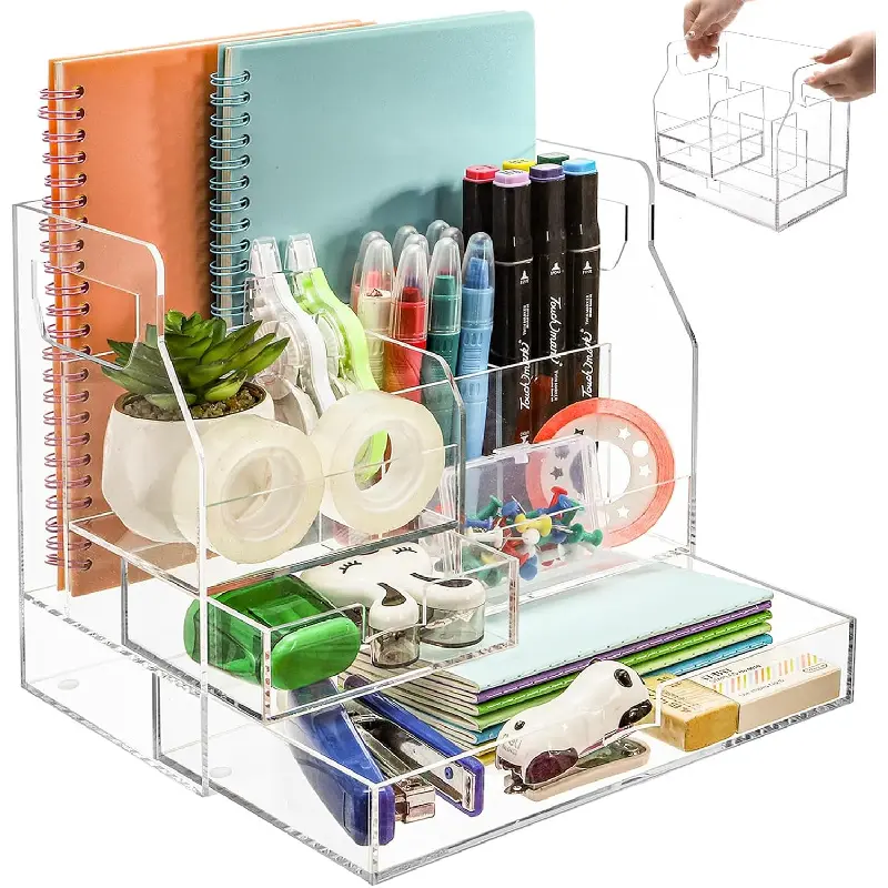 Acrylic Desk Organizer with 2 Drawers, Clear Office Drawer Organizer with Handle, Pencil Pen Holder Storage Desktop Accessories 7 Compartments for Home Makeup Magazine File Art Supply