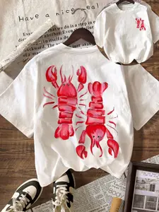 Cute Lobster Graphic T-Shirt, Trending Red Lobster Casual Short Sleeve Round Neck Tee, Breathable Streetwear Top for Women Men, Perfect for Beach Vacation, Seafood Themed Party, Daily Wear & Summer Casual Outfits