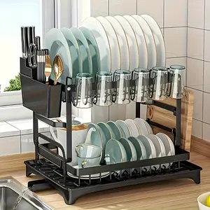 2-layer Large-capacity Bowl And Plate Rack, Detachable Anti-rust Bowl And Plate Rack, Drying Rack, With Drain Plate Set, Suitable For Kitchen Counter, With Double-layer Bowl Rack, Cup Rack, Chopping Board Rack, Tableware Rack, Kitchen Organizer