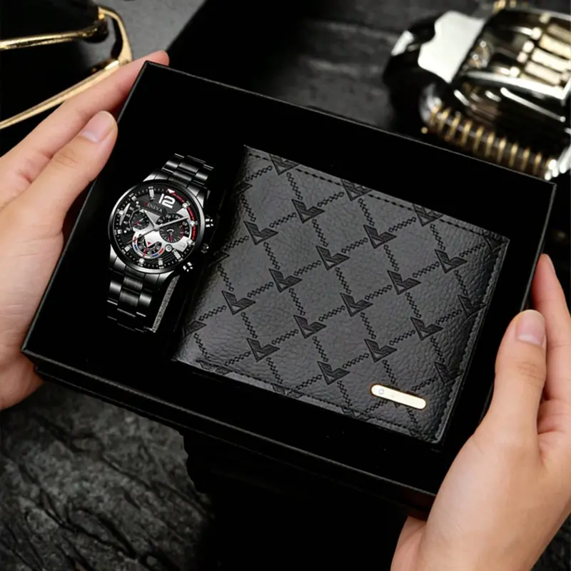2-Piece Men's Gift Set, Quartz Analog Watch & Wallet in Gift Box, Perfect Holiday Gift for Him