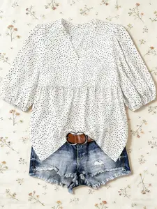 French Vintage Polka Dot V-Neck Bubble Sleeve Waist Cinched Loose Casual Slimming Women's Blouse, Stylish & Comfortable Daily Wear