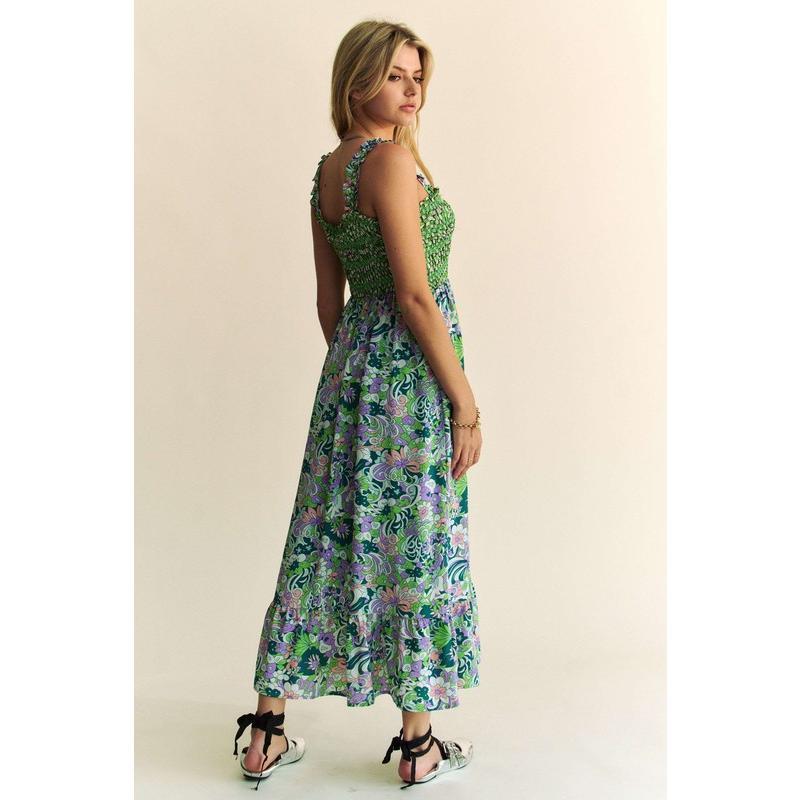 Davi & Dani Multi Smocked Bodice Geo Ruffle Strappy Midi Dress