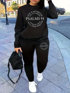 Psalms 91 Casual Hoodie and Sweatpants Set, with Faith Print, Fitted Design for Winter Comfort, Stylish Bible Verse Loungewear