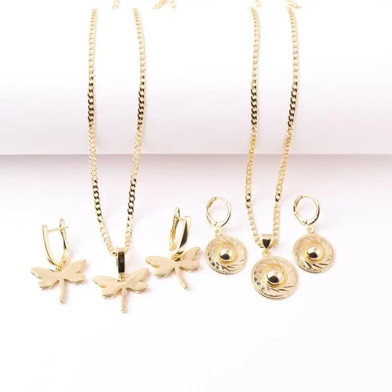 14K Gold Plated Dragonfly & Coin Fashion Jewelry Set - Gifts for Women, Female Necklaces for Women, Stud Earrings