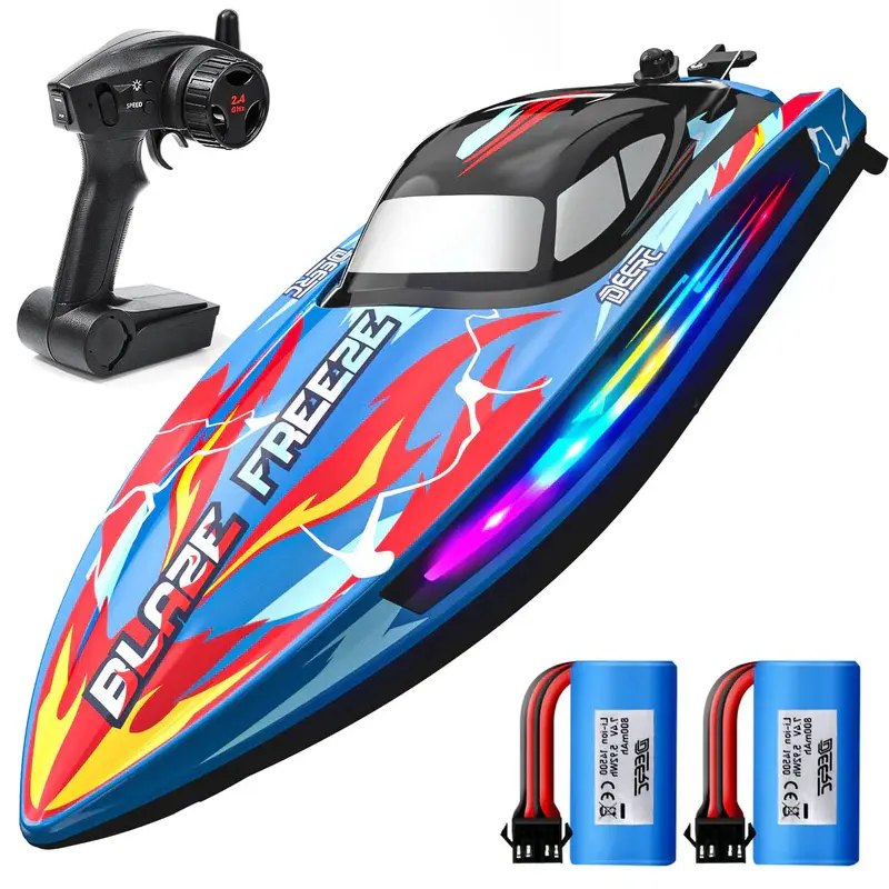 DEERC Fast RC Boat for Pool & Lake, 20+MPH, 40+ Mins, 7 LED Light Modes | Self Righting Remote Control Racing Speed Boat for Kids, 2.4Ghz Summer Water Toy Gift