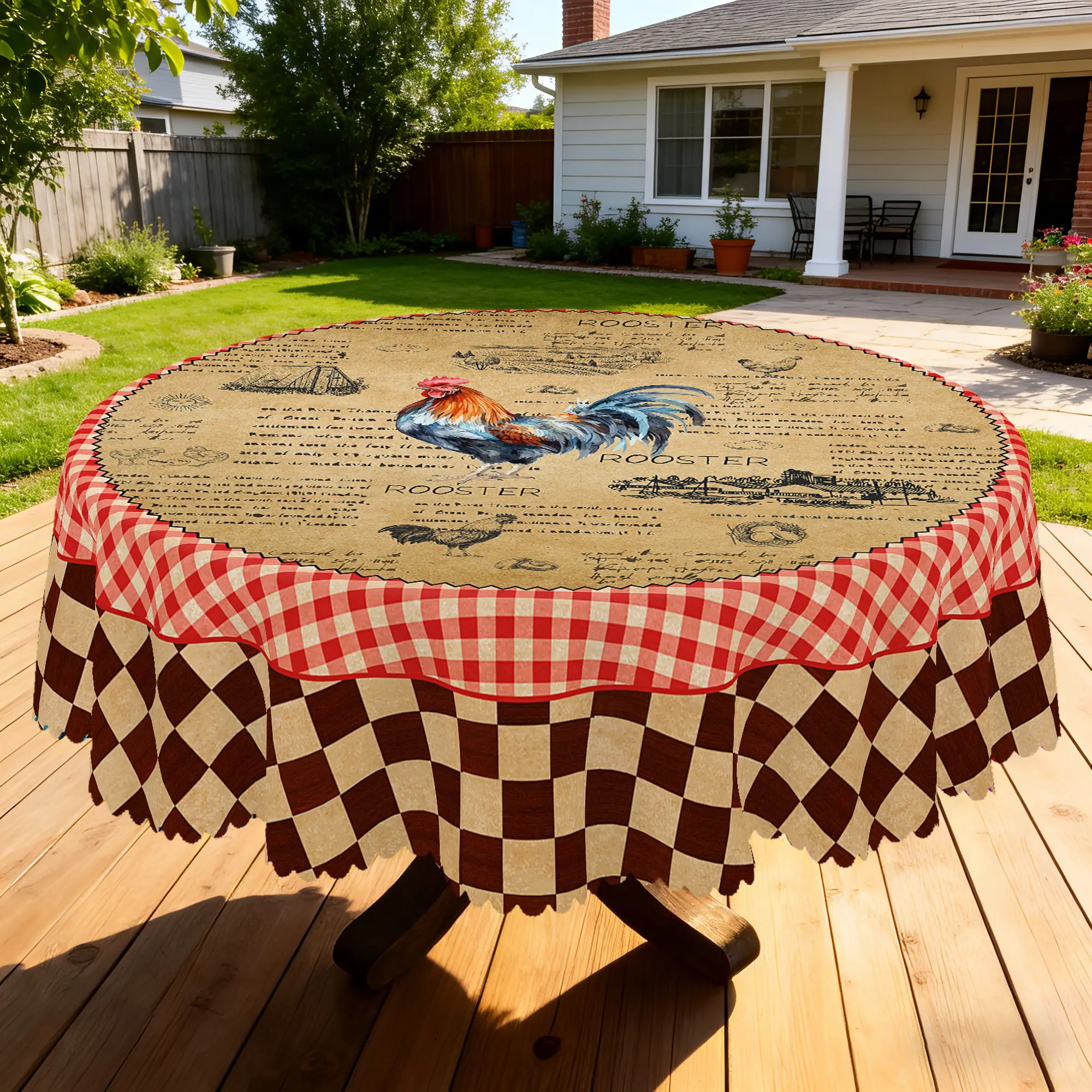 BLIOWL Country Charm Animal Rooster-Print Vintage Farmhouse Tablecloth - Water-Resistant Country Grid-Printed Rectangle/Round Home Supplies, Suitable for Kitchen Use, Anniversary Festive Gift Option