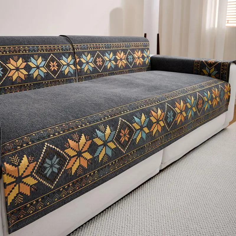 Bohemian Style Furniture Protector Cover, Couch Protectors, Cover for Couch, Sofa Couch Covers, Dustproof Sofa Slipcover, Decorative Sofa Cover, 1 Count Non-Slip Cushion, Soft Linen Fabric, Pet Scratch Resistant, Living Room and Office Decor