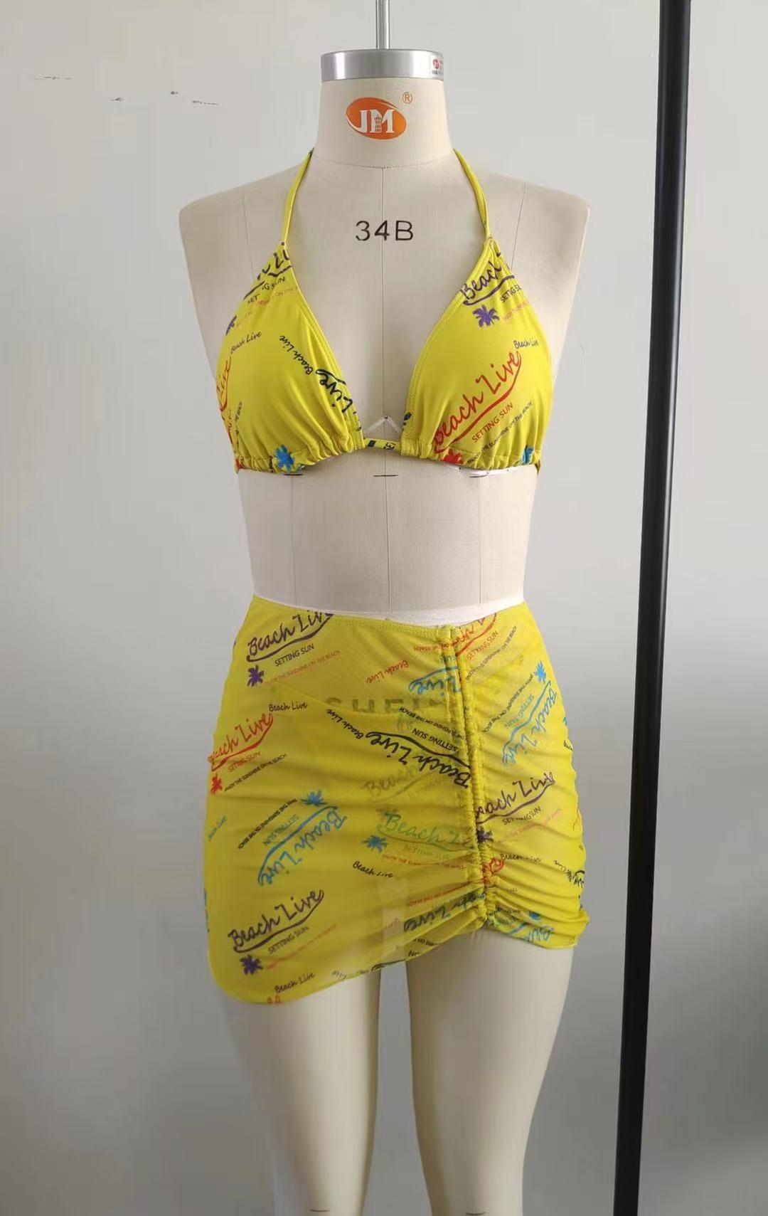 Women's 3-piece swimsuit set - tropical style | yellow printed bikini, high waist to show figure, adjustable neck tie, quick drying fabric | suitable for summer beach vacations, pool parties | swimsuit