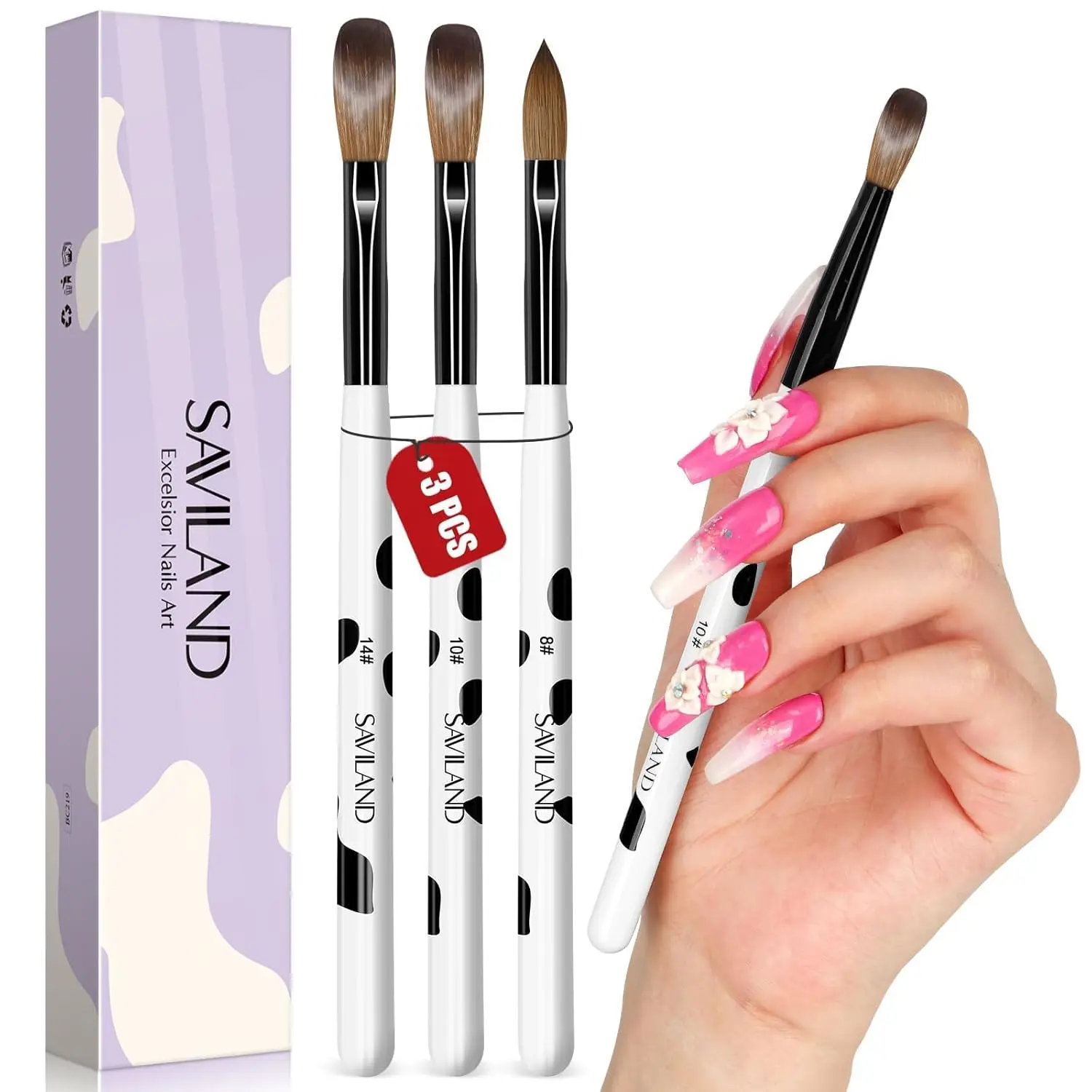 3PCS Acrylic Nail Brush Set: Size 8/10/14 Kolinsky Acrylic Nail Brushes for Acrylics Application, Pink Handle Professional Acrylics Powder Brushes for Nails Extension & 3D Nails Carving